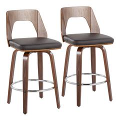Walnut Wood, Brown PU, Chrome Trilogy 24" Counter Stool - Set of 2