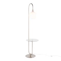 Nickel Metal, Clear Glass, White Plastic Trombone Floor Lamp with Table