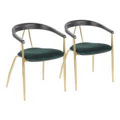 Gold Metal, Green Velvet, Black Wood Vanessa Chair - Set of 2