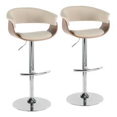 Chrome, Walnut Wood, Cream Fabric Vintage Mod Adjustable Bar Stool - Set of 2