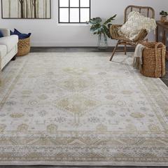 Aura Vintage Style Medallion Rug, Gold/Ivory, 6ft - 7in x 9ft - 6in Area Rug, AUR3738FGLDIVYF05