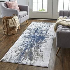 Gaspar Contemorary Abstract Splatter RUnner, SNow White/Ice Blue, 2ft-10in x 8ft, 7873833FWHTGRYI1C
