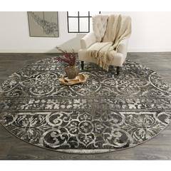 Kano Distressed Geometric FloralRug, Charcoal Gray, 8ft - 9in x 8ft - 9in Round, 8643871FCHLIVYN89