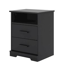 Black bedside table with farmhouse style, laminate finish, rectangular shape