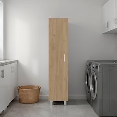 Vernon Slim Storage Cabinet with 4-Tier Shelf and Broom Hangers, Natural Oak