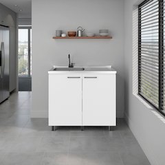 Freestanding Utility Base Cabinet, Stainless Steel Countertop, 2-Door, White