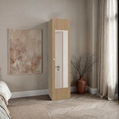 1 Door Wardrobe 67" H with Mirror and Vertical Storage Design, Natural Oak