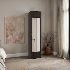 1 Door Wardrobe 67" H with Mirror and Vertical Storage Design, Dark Walnut