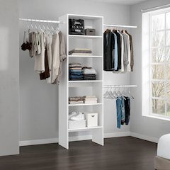 Modular Closet System with Open Shelves, Dual Hanging Rods, White