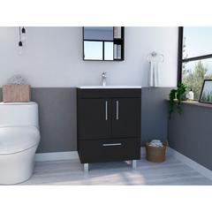 DEPOT E-SHOP Essential Single Bathroom Vanity, One Draw, Two-Door Cabinet, Four Legs-Black, For Bathroom
