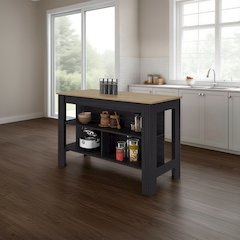 Kitchen Island, 3 open Shelves, Modern Design,  Black Wengue/Natural Oak