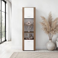 Bookcase with Upper and Lower Doors, Open Display Shelves, Natural Oak / White