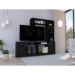 DEPOT E-SHOP King Entertainment Center, Two-Door Cabinet, Storage Spaces, Six External Shelves-Black, For Living Room