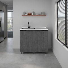 Utility Base Cabinet, Stainless Steel Countertop, 2-Door, Smokey Oak