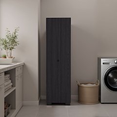 Broom Cabinet Double-Door Design with Inner Shelves, Side Hangers, Black Wengue