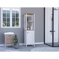 DEPOT E-SHOP New Haven Linen Cabinet, Two Internal Shelves, Two Open Shelves, Four Legs, One-Door Cabinet- Light Oak-White, For Bathroom