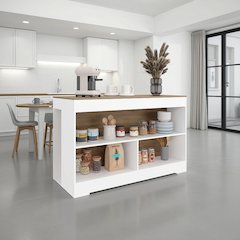 Makoti Kitchen Island 34", 3 Spacious Open Shelves, White / Natural Oak