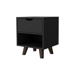 Nightstand with Spacious Drawer, Open Storage Shelf and Chic Wooden Legs, Black