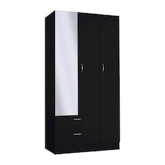 Twardrobe with 3 doors, one with mirror, two drawers, four shelves,Black
