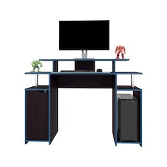 Hobart Gaming Desk, 1 Door, 6 Shelves, Black Wengue / Blue Edge