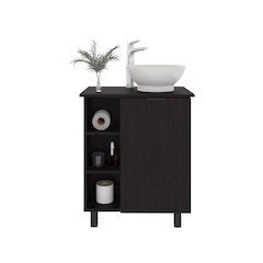 Dobson Vanity Sink, 1 Door, 4 Legs, 5 Shelves, Black Wengue