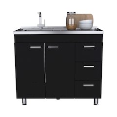 Base Double Door Cabinet, Three Drawers, Black