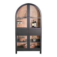 Black Solid Wood Bar Cabinet, Arched Liquor Cabinet with Glass Doors