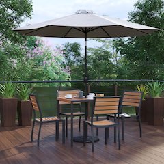 7 Piece All-Weather Deck or Patio Set with 4 Stacking Faux Teak Chairs, 35" Square Faux Teak Table, Gray Umbrella & Base