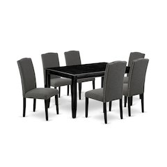 7 Piece Modern Dining Table Set Consist of a Rectangle Wooden Table and 6 Dark Gotham Linen Fabric Upholstered Chairs, Black