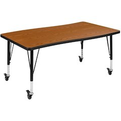Mobile 28"W x 47.5"L Rectangular Wave Flexible Collaborative Oak Thermal Laminate Activity Table - Height Adjustable Short Legs