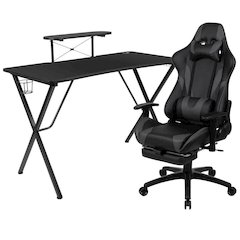Black Gaming Desk with Cup Holder/Headphone Hook and Monitor/Smartphone Stand & Gray Reclining Gaming Chair with Footrest