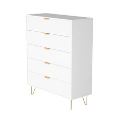 5-Drawer Chest in MDF Wood with Gold Metal Legs and Handles.