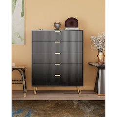 5-Drawer Chest in MDF Wood with Gold Metal Legs and Handles in Black Color