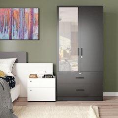 Mirrored 2 Doors Wardrobe & 2 Drawers 72" Tall