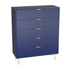 5-Drawer Chest in MDF Wood with Gold Metal Legs and Handles in Blue Color
