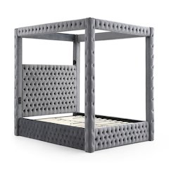 Luxurious Velvet Canopy Queen Bed with Speaker and USB Connection in Gray