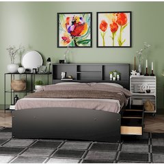 Captain Paltform Bed with 3 Drawers and Bookcase Headboard