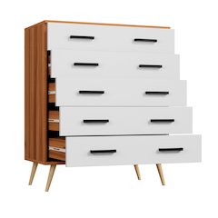 Eli Mid-Century Modern 5 Drawer Chest in Walnut & White Color