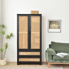Solid Pine Wood Rattan Closet with 2 Drawers in Black Color