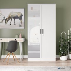 Mirrored 2 Door Wardrobe in White Color