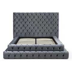 Velvet King Bed with Deep Button Tufting in Gray