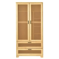 Stylish Pine Wood Closet with Rattan Doors and Two Drawers for Easy Access