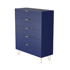 5-Drawer Chest in MDF Wood with Gold Metal Legs and Handles. (Blue)
