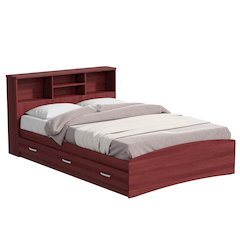 Bed with 3 Drawers and Bookcase Headboard (Mahogany, Queen)