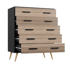 Eli Mid-Century Modern 5 Drawer Chest in Black &Sonoma Oak Color