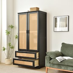 Pine Wood Closet with Rattan Doors and Two Drawers (Black)