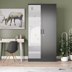 Mirrored 2 Door Wardrobe in Black Color