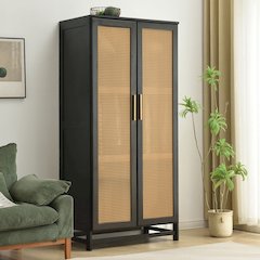 Solid Wood Wardrobe Rattan Doors in Black Color