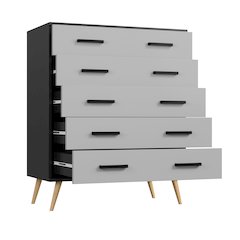 Eli Mid-Century Modern 5 Drawer Chest in Black & Light Gray Color