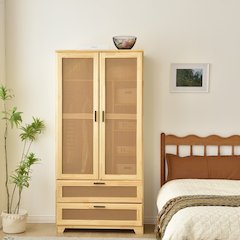 Solid Pine Wood Rattan Closet with 2 Drawers in Multi Color